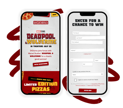 DiGiorno promotional mobile interface featuring limited edition Deadpool and Wolverine pizzas, with a call-to-action to enter a sweepstakes for a chance to win.